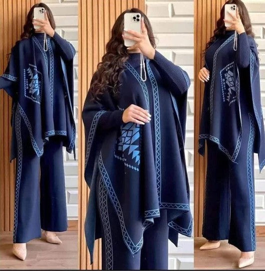 :  🌸 Luxury Winter 3-Piece Double Fleece Set – Front & Back Printed Upper Shawl, Plain Stretchable High Neck & Printed Trouser | Premium Warm Collection