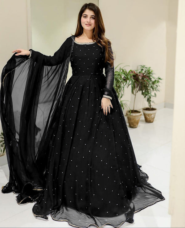 Luxury Pearl Lace 3PC Long Flare Maxi Dress | Chiffon Maxi with Dupatta & Trouser | Party Wear Formal Outfit for Women
