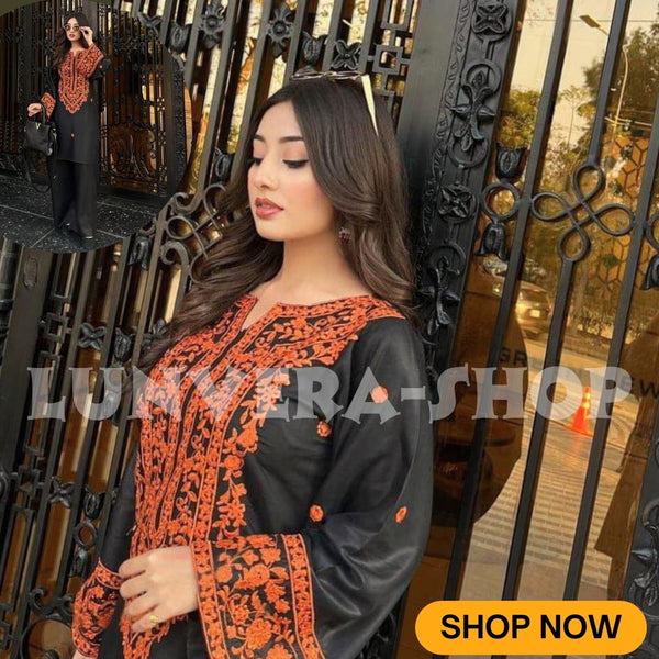 ✨ Rooh-e-Sham 2-Piece Embroidered Cotton Dress | Premium Overlock Finish (Medium & Large)